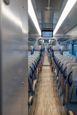 Interior of Alstom train on the platform of Bucharest North Railway Station (Gara de Nord Bucuresti) clipart