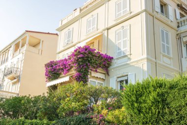 Fransız Riviera 'sında Monte Carlo, Monaco, Cote d' Azur 'da süslü tasarımları olan lüks binalardan oluşan renkli Akdeniz evi cepheleri.