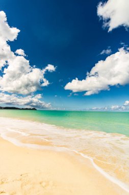 Beyaz kumlu Karayip plajı, derin mavi gökyüzü ve turkuaz su