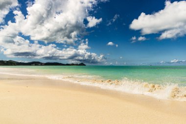 Beyaz kumlu Karayip plajı, derin mavi gökyüzü ve turkuaz su