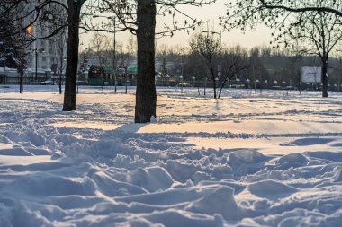 Kar yağışlı bir kış sabahı Izvor 'un güzel halk parkında manzara. Bükreş, Romanya 'dan Izvor Park