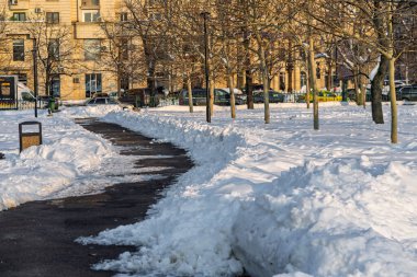 Kar yağışlı bir kış sabahı Izvor 'un güzel halk parkında manzara. Bükreş, Romanya 'dan Izvor Park