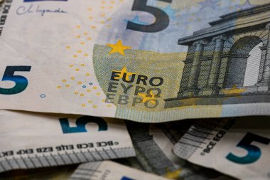 5 Avro banknotları. Tasarruf, gelir veya yatırımı temsil eden Avro para arkaplanı