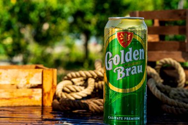 Golden Brau bira kutusu - buğulanmış su damlacıkları, açık arka plan