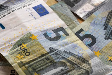 5 Avro banknotları. Tasarruf, gelir veya yatırımı temsil eden Avro para arkaplanı