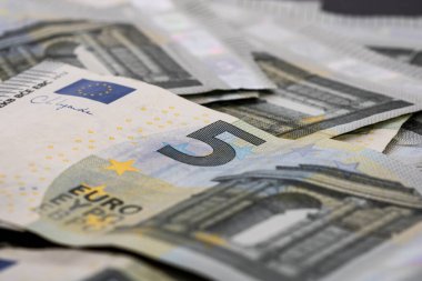 5 Avro banknotları. Tasarruf, gelir veya yatırımı temsil eden Avro para arkaplanı