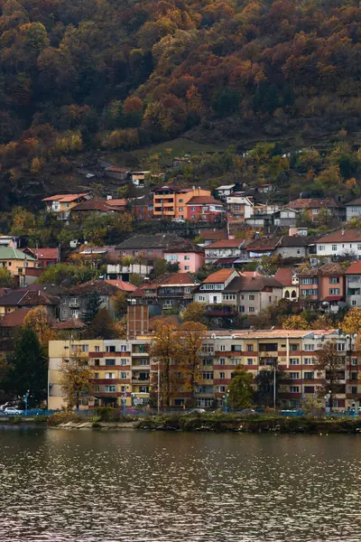 Tuna nehri ve Orsova şehir bitki örtüsü ve binaları, deniz manzarası. Orsova, Romanya, 2021