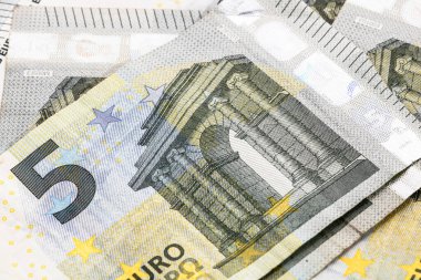 5 Avro banknotları. Tasarruf, gelir veya yatırımı temsil eden Avro para arkaplanı