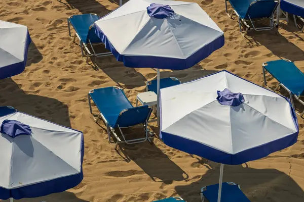 Tropikal plajda şemsiyeli plaj sandalyeleri