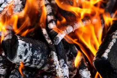 Barbekü ızgarası, yanan odun ve ateş alevleri. Parlak alevli boş kömür ızgarası.