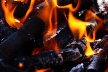 Barbekü ızgarası, yanan odun ve ateş alevleri. Parlak alevli boş kömür ızgarası.