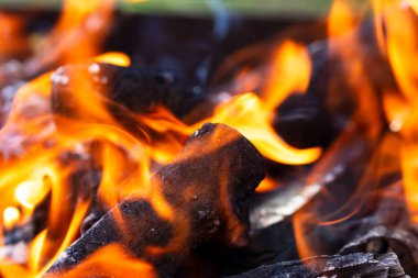 Barbekü ızgarası, yanan odun ve ateş alevleri. Parlak alevli boş kömür ızgarası.