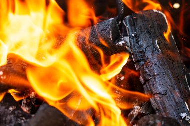 Barbekü ızgarası, yanan odun ve ateş alevleri. Parlak alevli boş kömür ızgarası.