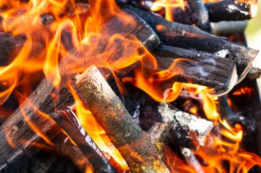 Barbekü ızgarası, yanan odun ve ateş alevleri. Parlak alevli boş kömür ızgarası.