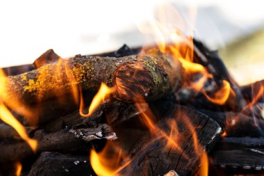Barbekü ızgarası, yanan odun ve ateş alevleri. Parlak alevli boş kömür ızgarası.