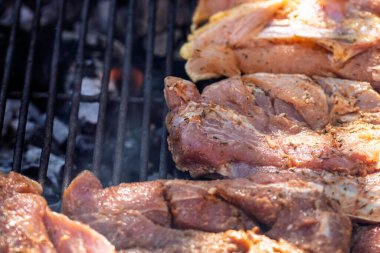 Domuz pirzolası, biftek, ızgarada sosis dumanlı ızgara