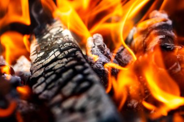 Barbekü ızgarası, yanan odun ve ateş alevleri. Parlak alevli boş kömür ızgarası.