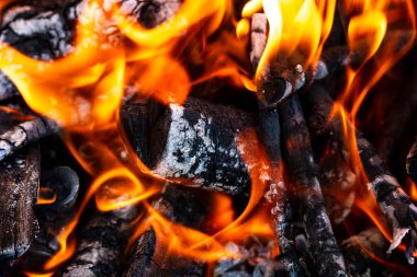 Barbekü ızgarası, yanan odun ve ateş alevleri. Parlak alevli boş kömür ızgarası.