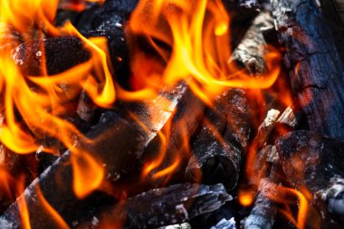 Barbekü ızgarası, yanan odun ve ateş alevleri. Parlak alevli boş kömür ızgarası.