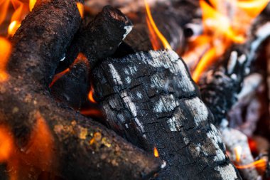 Barbekü ızgarası, yanan odun ve ateş alevleri. Parlak alevli boş kömür ızgarası.