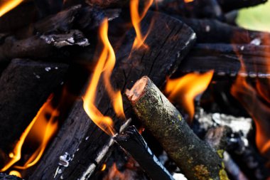 Barbekü ızgarası, yanan odun ve ateş alevleri. Parlak alevli boş kömür ızgarası.
