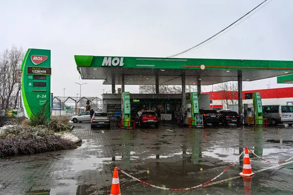Bir MOL benzin istasyonunun dışı. Benzin pompaları ve arabalar kar yağarken yakıt ikmali yapıyorlar.