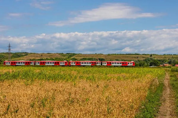 Romanya 'nın kırsal kesiminde bir tren geçiyor. Arazi, Romanya 'nın tipik kırsal kesimlerine özgü buğday ve mısır tarlalarından oluşuyor.