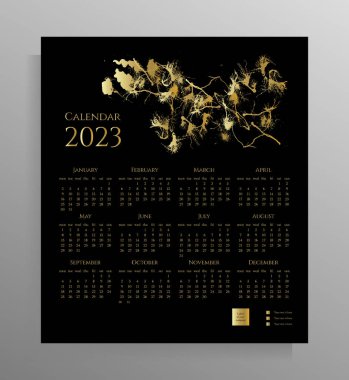 2023 yılı için 12 aylık duvar takvimi. Sıkı bir poster tasarımı, el ilanı. Siyah ve altın rengi. Vektör illüstrasyonu.