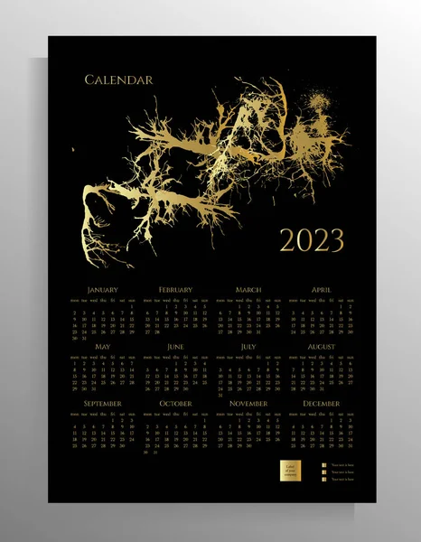 2023年のウォールカレンダー12ヶ月間 ポスター チラシの厳格なデザインレイアウト 金と黒の色 ベクターイラスト — ストックベクタ