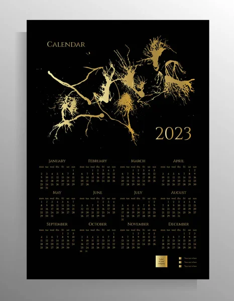 2023年のウォールカレンダー12ヶ月間 ポスター チラシの厳格なデザインレイアウト 金と黒の色 ベクターイラスト — ストックベクタ