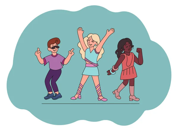 People Having Fun Dancing Different Cheerful Doodle Characters Different Gender — Stockvektor