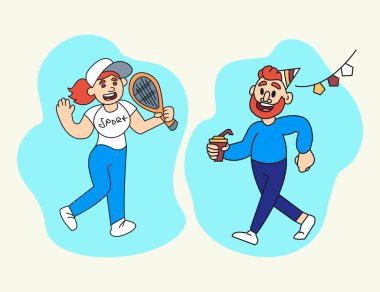 Friendly young man and woman. Vector colored flat illustration. Set of doodle characters.