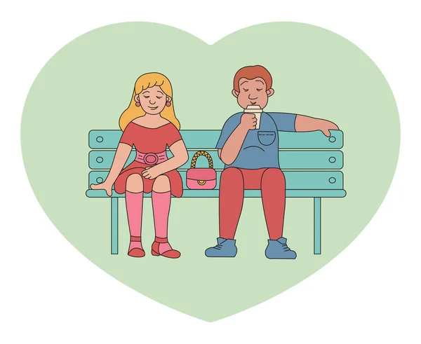 Couple Young People Man Woman Sitting Bench Vector Colored Doodle — 스톡 벡터