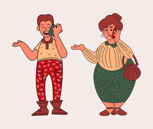 People Talking Mobile Phones Man Woman Set Funny Doodle Characters — Vector de stock