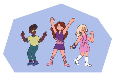 People are having fun and dancing. Different cheerful doodle characters of different gender and race. Vector bright illustration.