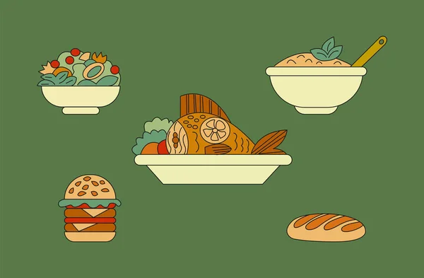 一套不同的菜 矢量彩色插图卡通画风格 — 图库矢量图片