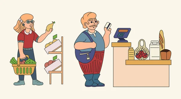 People Supermarket Man Woman Shopping Groceries Set Funny Doodle Characters — 스톡 벡터