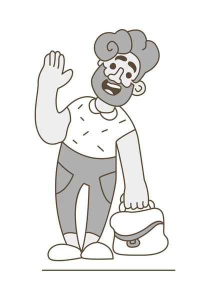 Jeune Homme Souriant Avec Sac Drôle Vecteur Monochrome Plat Illustration — Image vectorielle