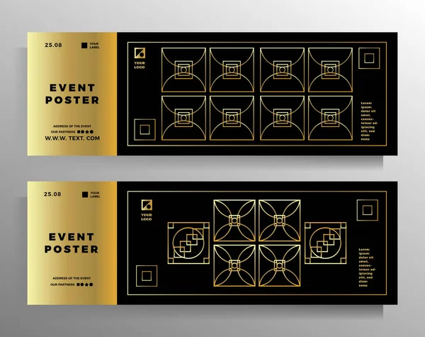 バナー チラシ ポスター パンフレット 小冊子 本のデザイン ベクトル幾何学模様のセット 金と黒の色 形式は細長い水平 — ストックベクタ