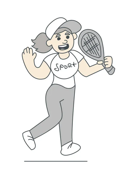 Une Jeune Fille Joue Tennis Drôle Vecteur Monochrome Plat Illustration — Image vectorielle