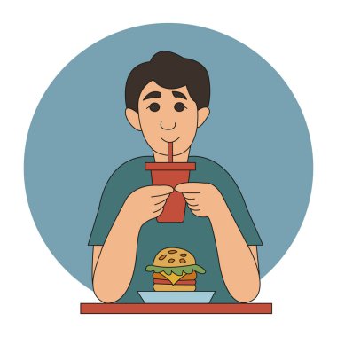 Genç adam fast food yiyor. Neşeli karakter çizgi film stili. Vektör renk illüstrasyonu.