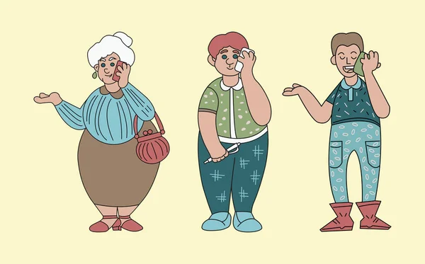 Pessoas Diferentes Estão Falando Telefones Celulares Personagens Engraçados Doodle Diferentes —  Vetores de Stock