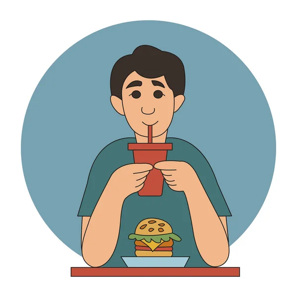 Jovem Come Fast Food Estilo Desenho Animado Caráter Alegre Ilustração —  Vetores de Stock