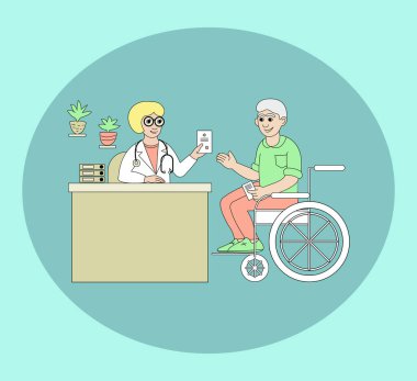 Doktorda resepsiyon. Kadın bir doktor, elinde reçetesi olan tekerlekli sandalyedeki yaşlı bir adama danışıyor. Vektör renk illüstrasyonu.