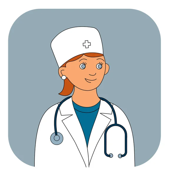 女性医師 医療帽とガウンを着た若い女性の肖像画 内視鏡付き ベクトルカラーイラスト — ストックベクタ