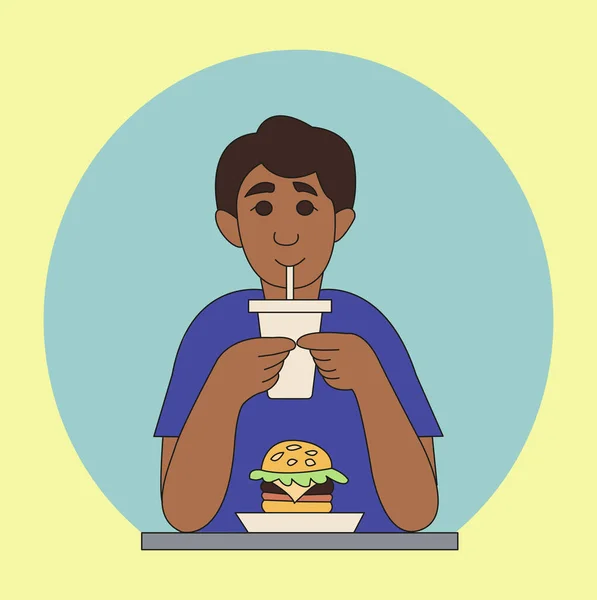 Genç Adam Fast Food Yiyor Neşeli Karakter Çizgi Film Stili — Stok Vektör
