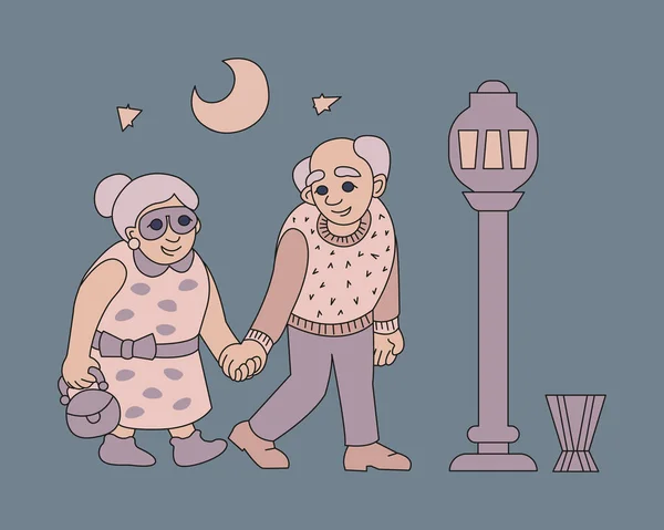 Пара Пожилых Людей Гуляют Ночному Городу Цветные Векторные Иллюстрации — стоковый вектор