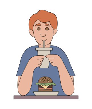 Genç adam fast food yiyor. Neşeli karakter çizgi film stili. Vektör renk illüstrasyonu.