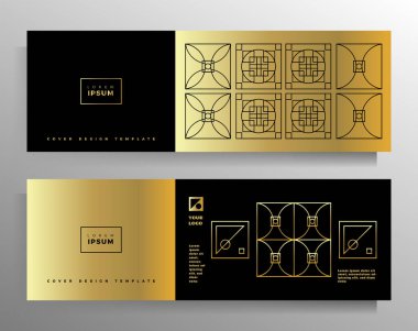 Pankart, el ilanı, poster, broşür, kitap için tasarım. Bir dizi vektör geometrik desen. Siyah ve altın rengi. Biçim yatay olarak genişletilmiş.
