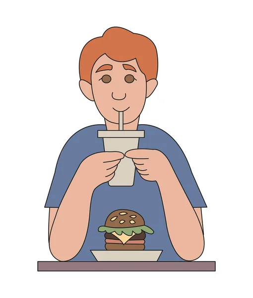 Anak Muda Makan Makanan Cepat Saji Gaya Kartun Karakter Ceria - Stok Vektor